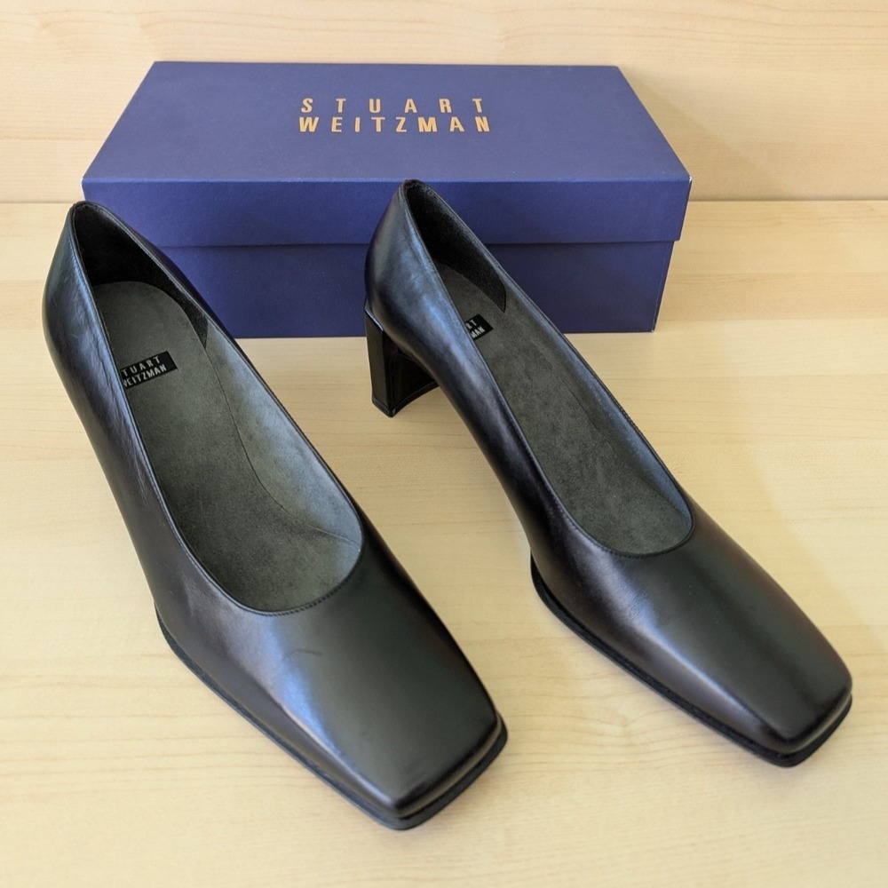 Vtg Stuart Weitzman 90s Minimalism Black Leather Boxy Square Toe Heel‎ w/box